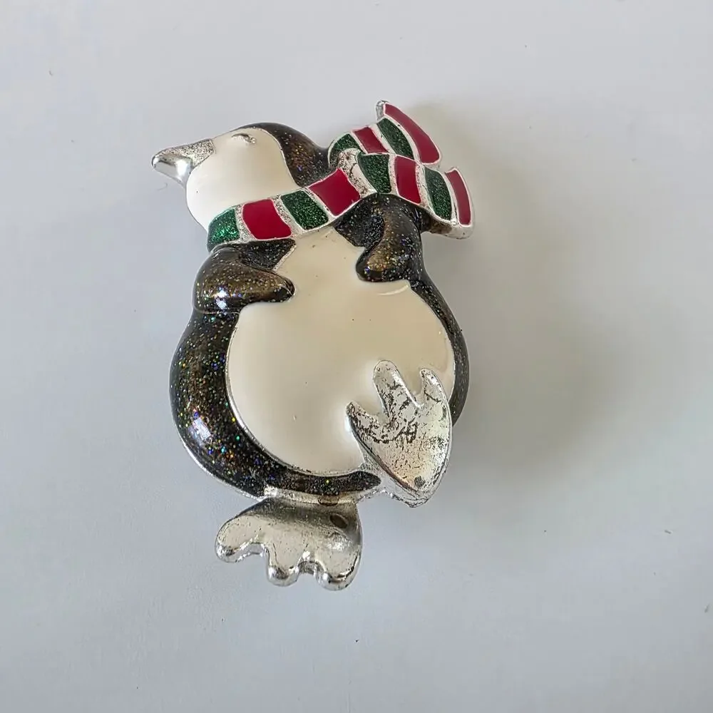 Vintage Enamel Penguin Brooch Winter Scarf Silver Tone Pin Holiday Jewelry